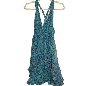 T27 MM Couture Miss Me 100% Silk Dress HalterTeal and Beige Ruffle Blue Size M